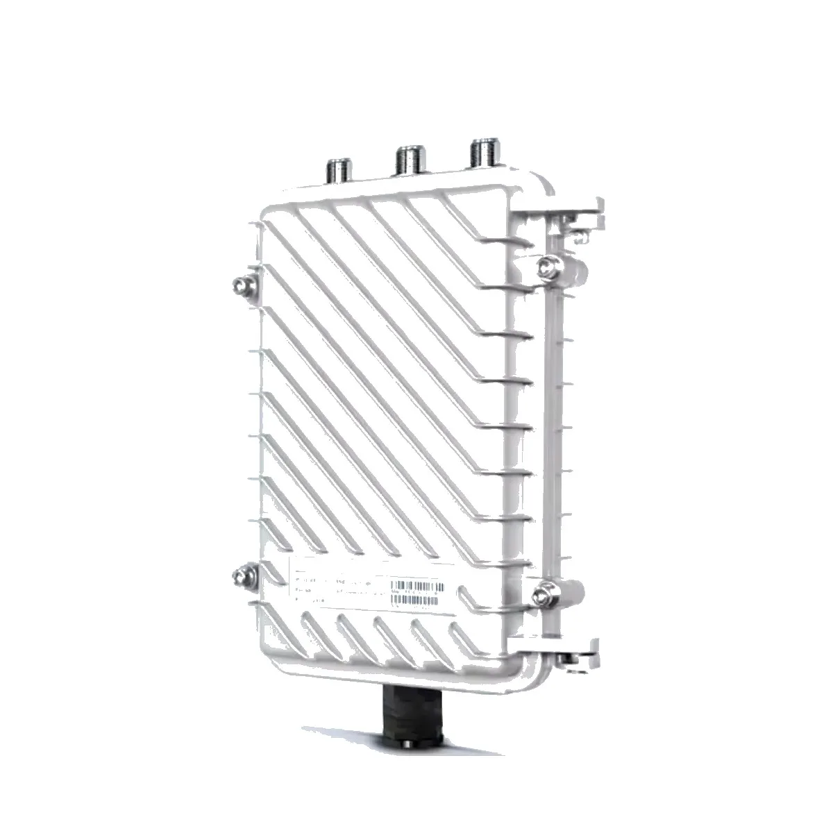 Modem Boost™ Outdoor WiFi 6 Extender Pro 3/4 angle view showing mounting brackets, PoE port, and ribbed housing