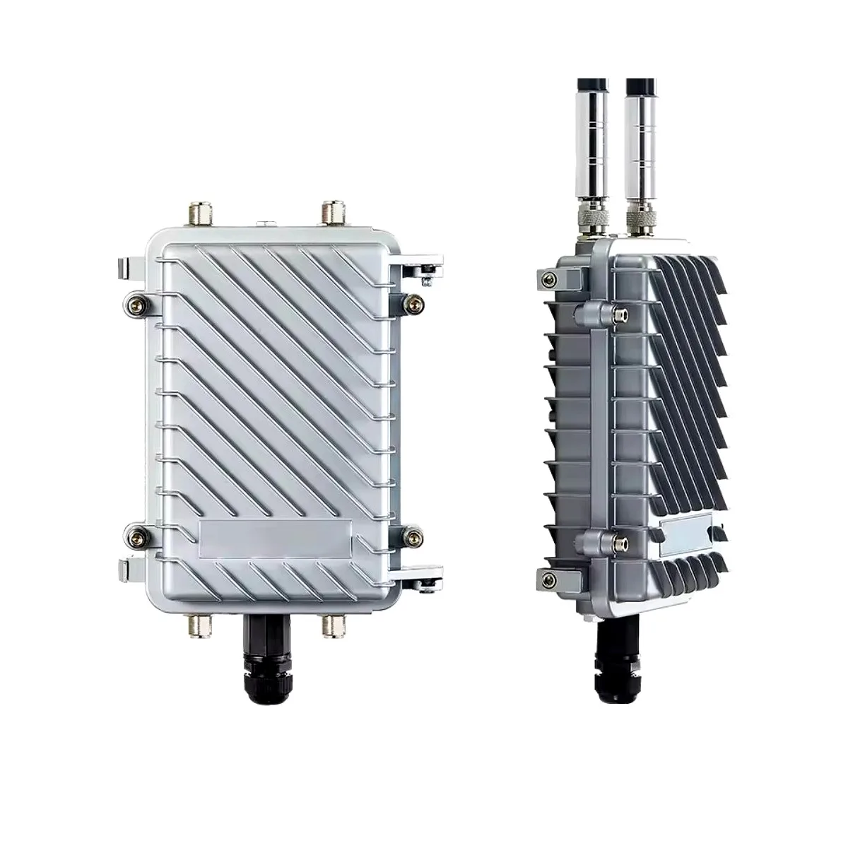 Modem Boost™ Outdoor WiFi 6 Extender Pro front and side profile views showing heat dissipation fins