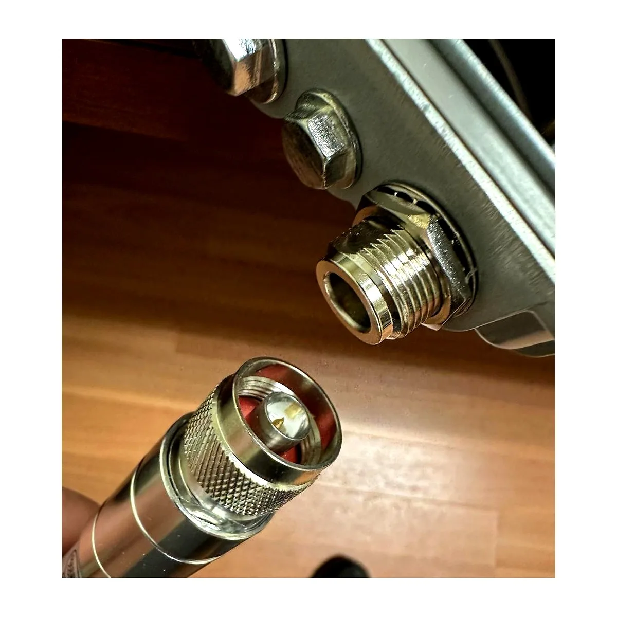 Close-up of IP67-rated weatherproof N-type connector on the Modem Boost™ outdoor WiFi unit